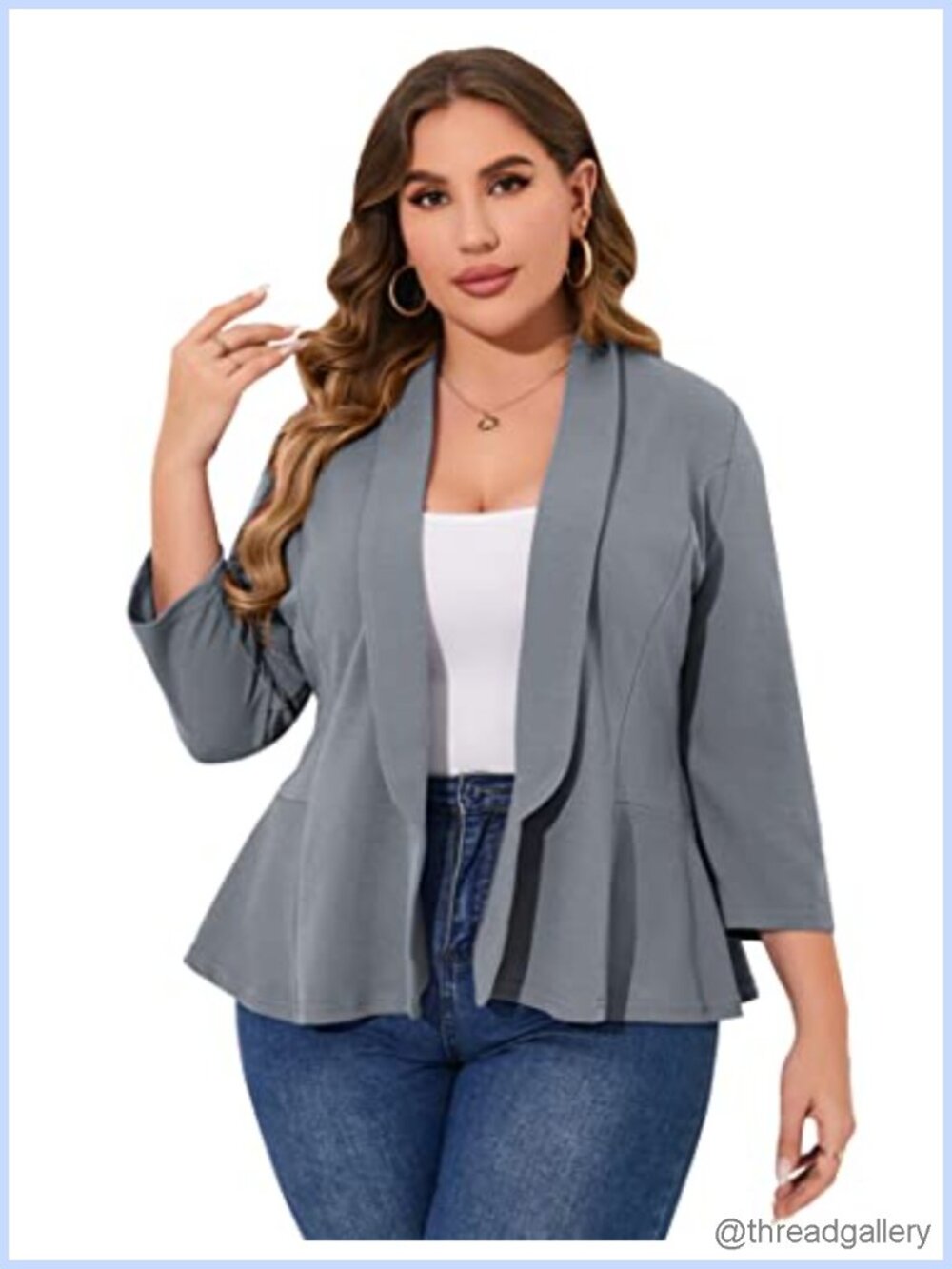 Plus Size Women's Open Front Blazer 3/4 Sleeve Ruffle Hem Office Cardigan